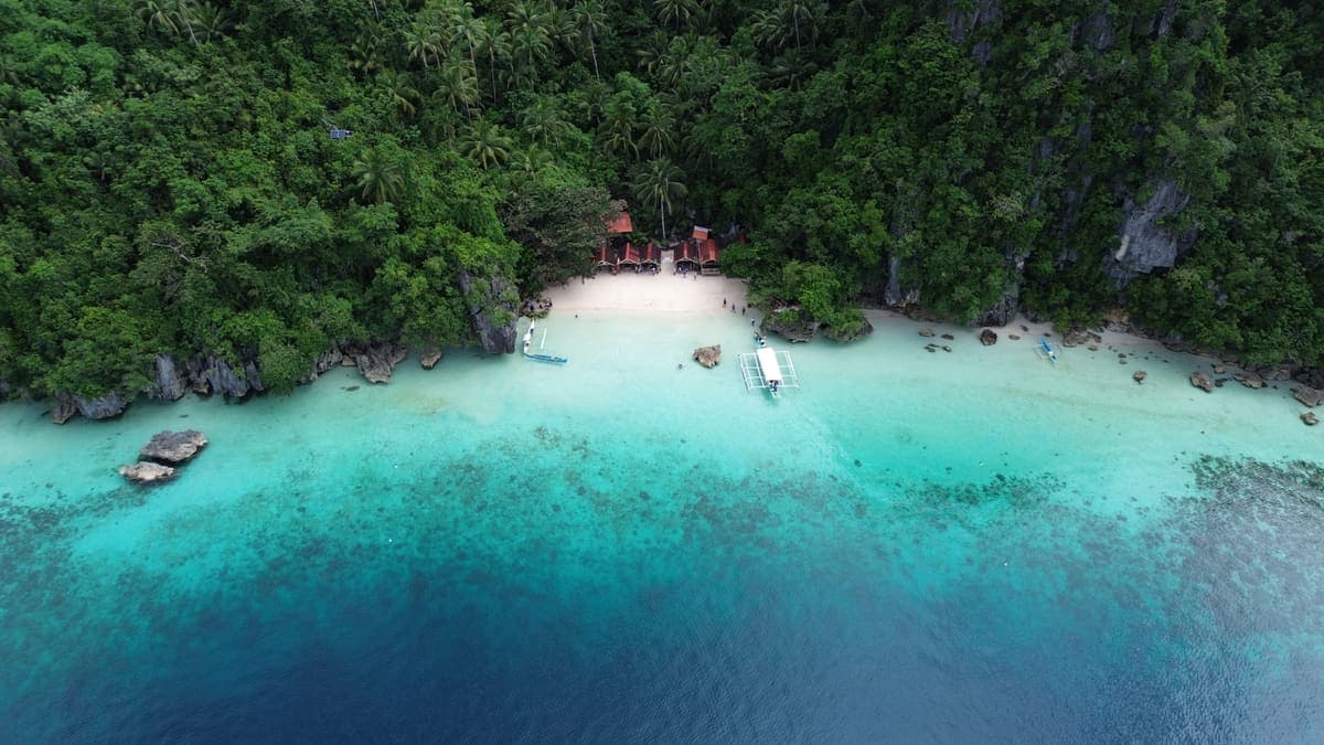 A secluded white sand cove backed by jungle, with a single hut above the beach
