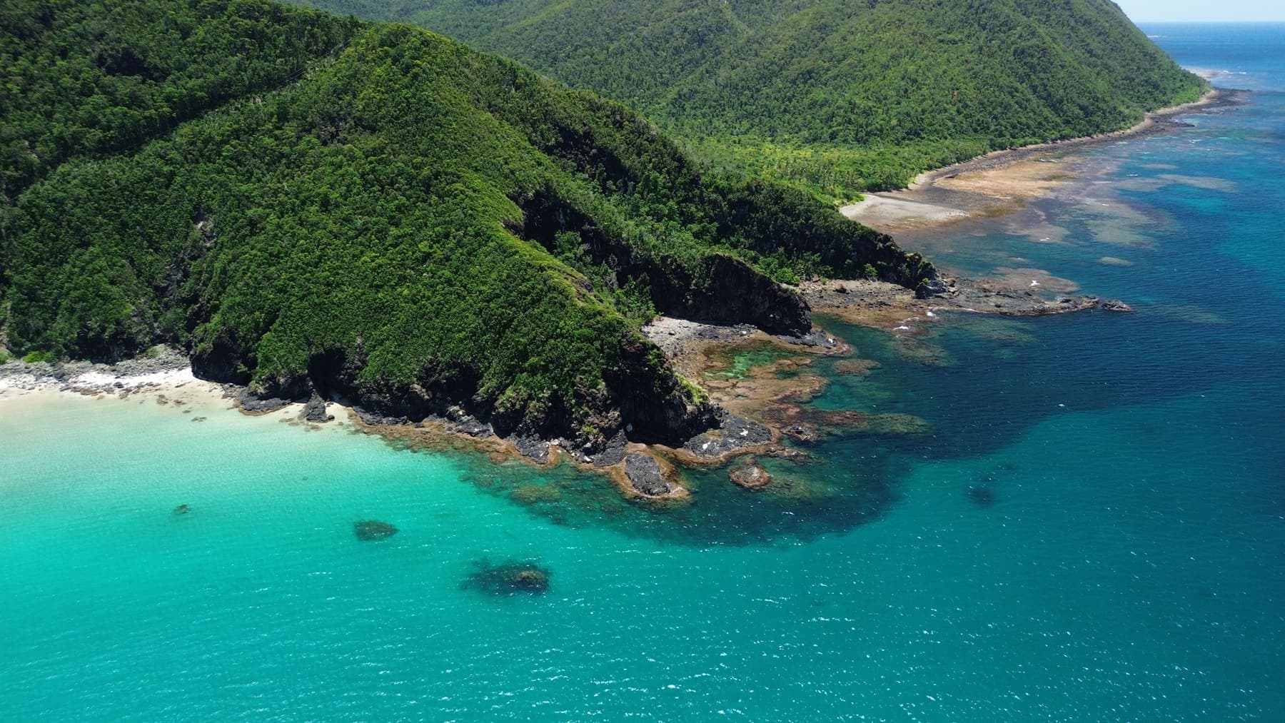 The rugged forested coastline near Bababu, where the trail meets the sea