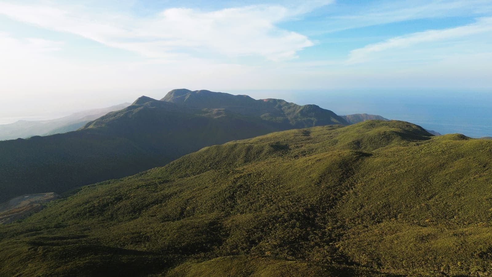 A ridge of low dwarf forest running along the mountain spine of Dinagat, with the sea visible on both sides